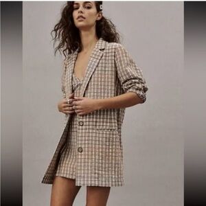 Free People Plaid Blazer Brown White Blue
